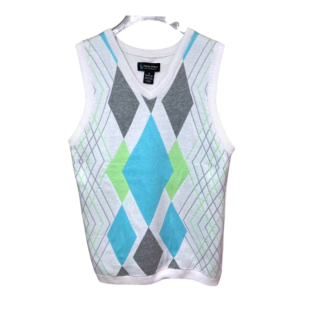 Young Kings Steve Harvey Mens M Regular Argyle Sweater Vest V-Neck Cotton White